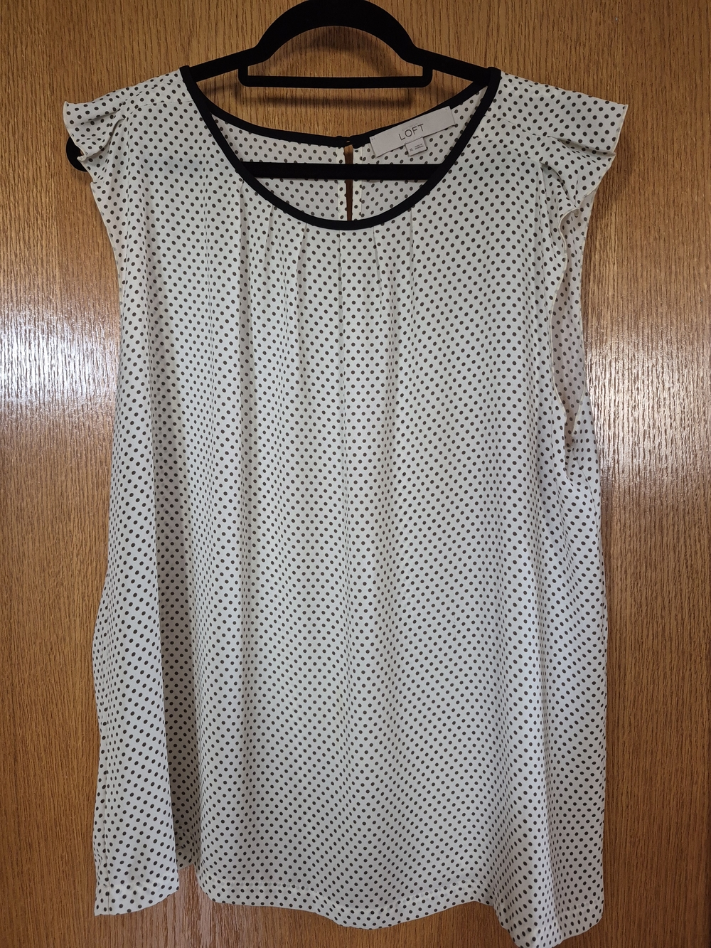 LOFT Cream With Brown Polka Dot Flutter Sleeve Top with Black Trim
